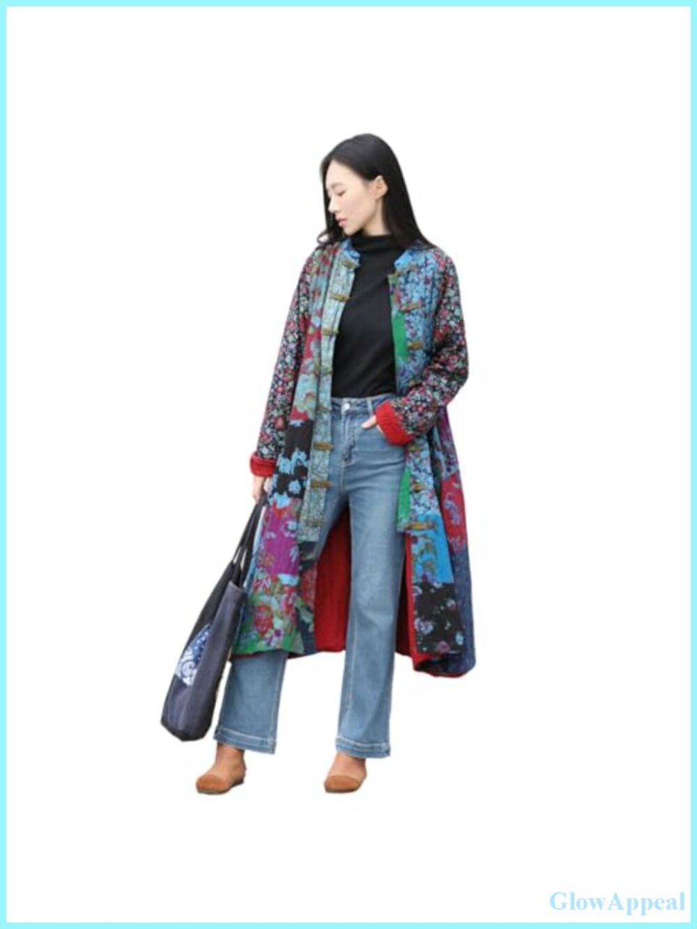 Women's Cotton Linen Oversized Raglan Sleeve Floral Patchwork Long Jacket